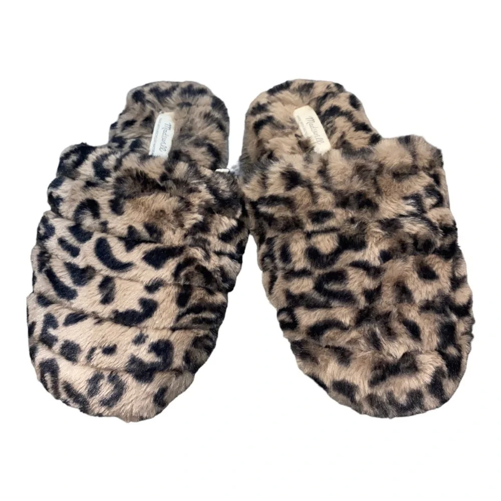 MADEWELL Leopard Cheetah Animal Print Quilted Plush Faux Fur Slippers Size 5 - Picture 6 of 13